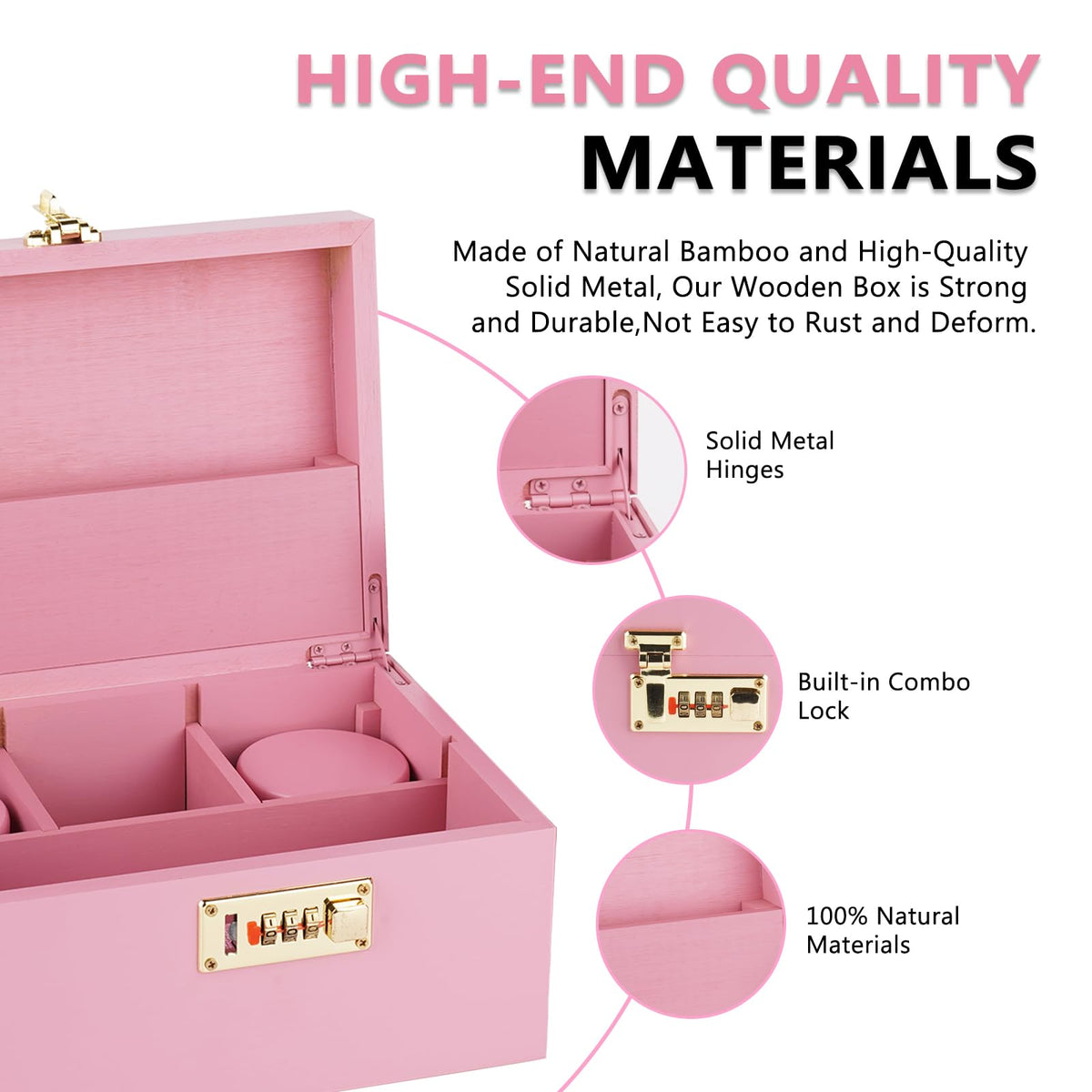 OZCHIN pink bamboo box sturdy hinges ensure smooth opening.