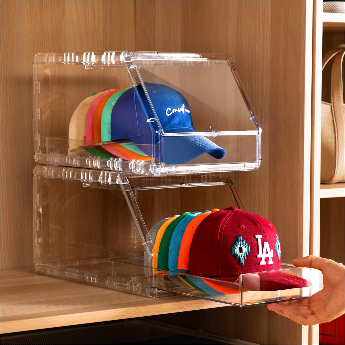 Ozueccr baseball cap organizer box preserves shape while displaying a neat cap collection.