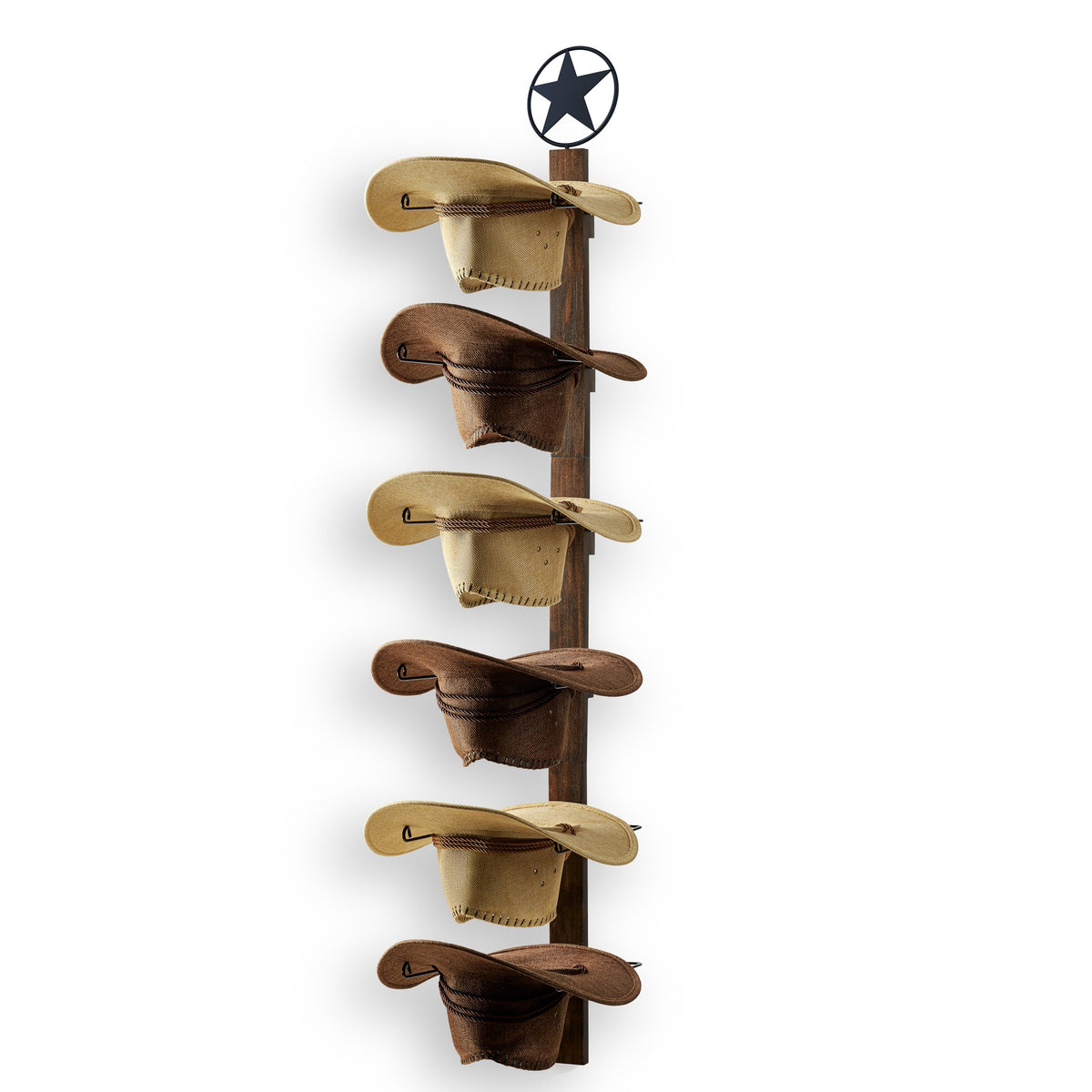 P-ALADIN Cowboy Hat Holder wall-mounted display holds six hats without brim distortion