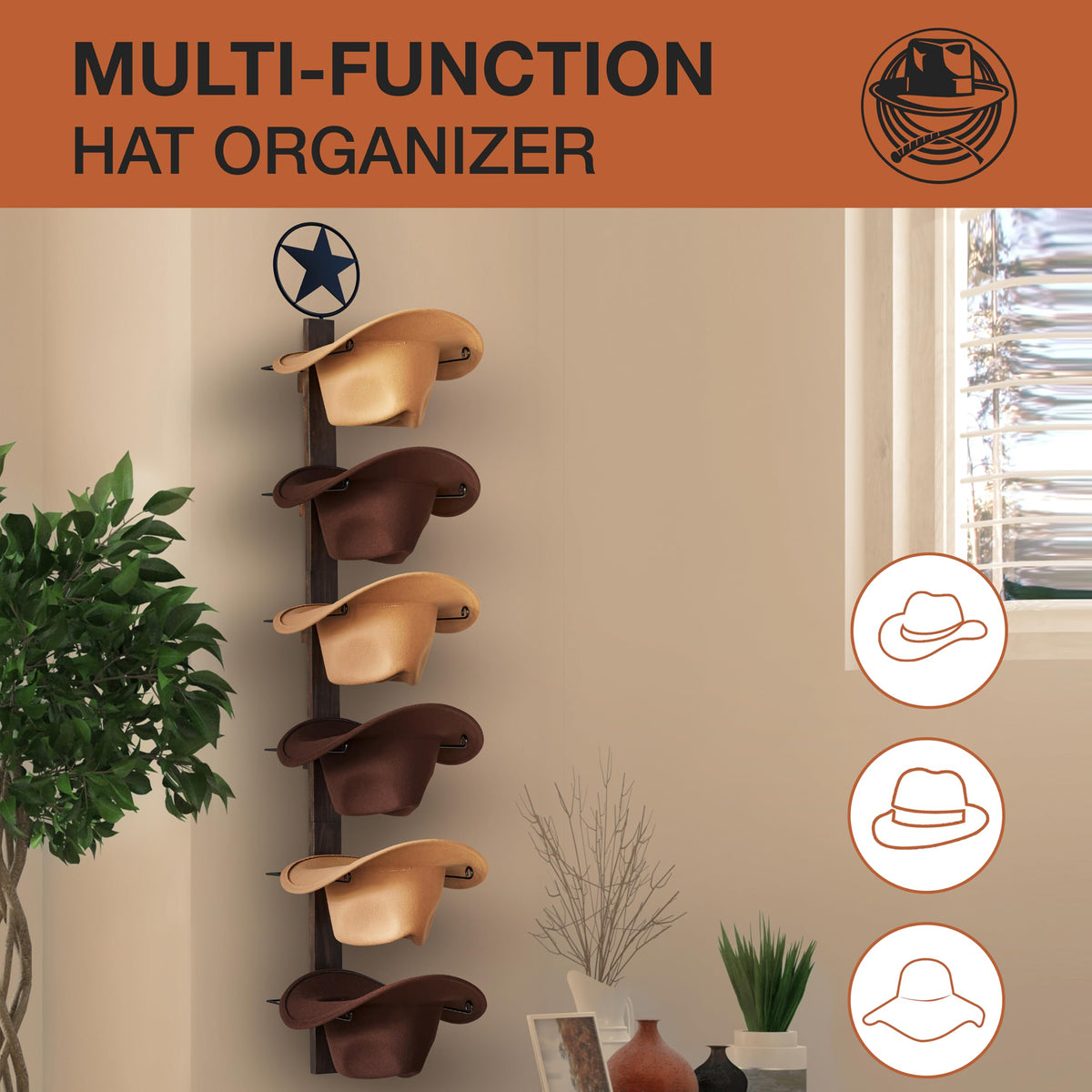 P-ALADIN Wall Hat Organizer keeps six hats neatly organized and accessible