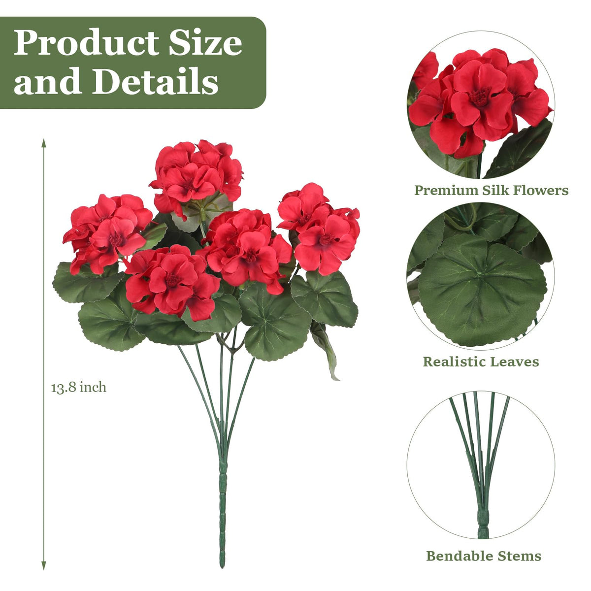 PABREY red geraniums faux flowers with UV resistance for garden accents.
