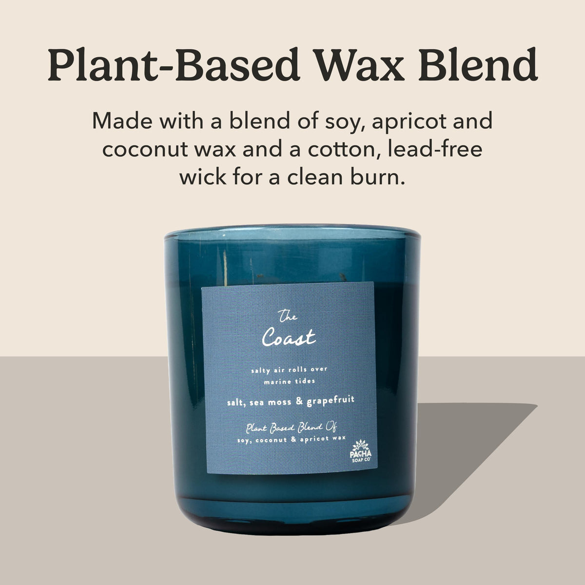 Pacha Soap Co The Coast candle cotton wick close-up emphasizes clean burn.