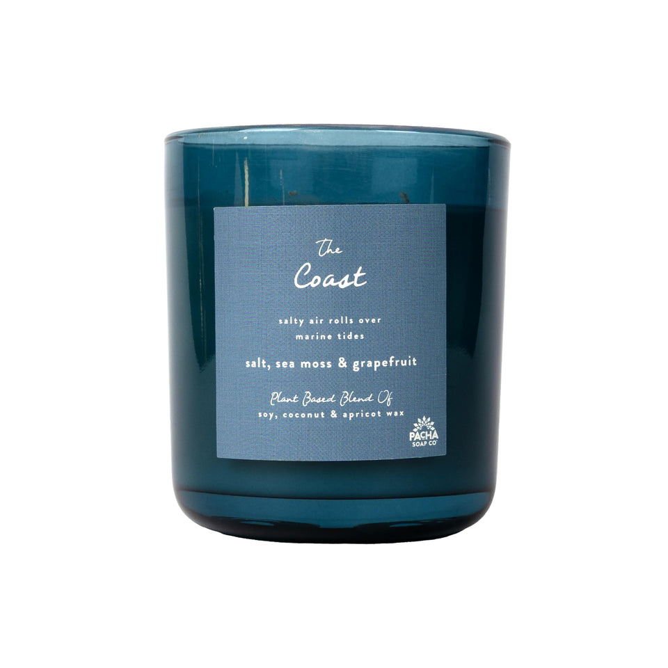 Pacha Soap Co The Coast candle salt close-up, highlighting fresh coastal ambience.