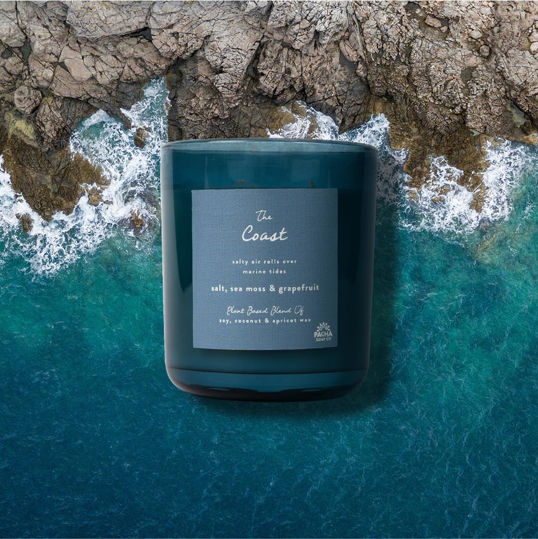 Pacha Soap Co The Coast candle sea moss note close-up for marine depth.