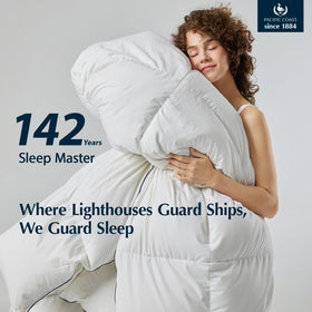 Pacific Coast goose down fiber comforter on bed, hotel-style luxury.