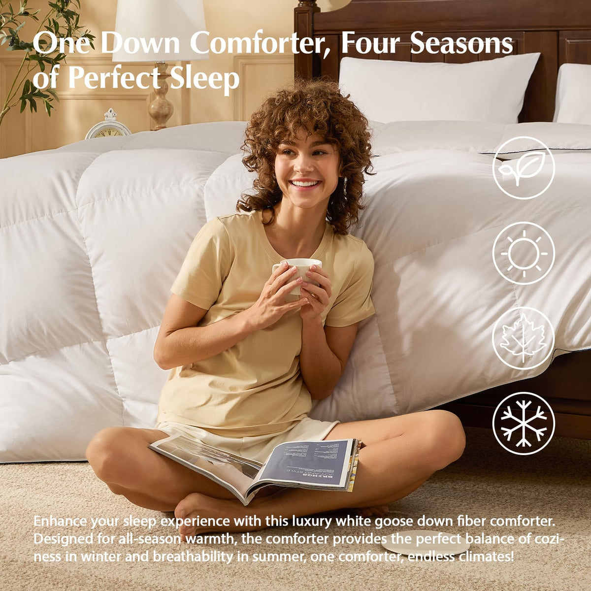 Pacific Coast goose down fiber comforter on bed, premium hotel feel at home.