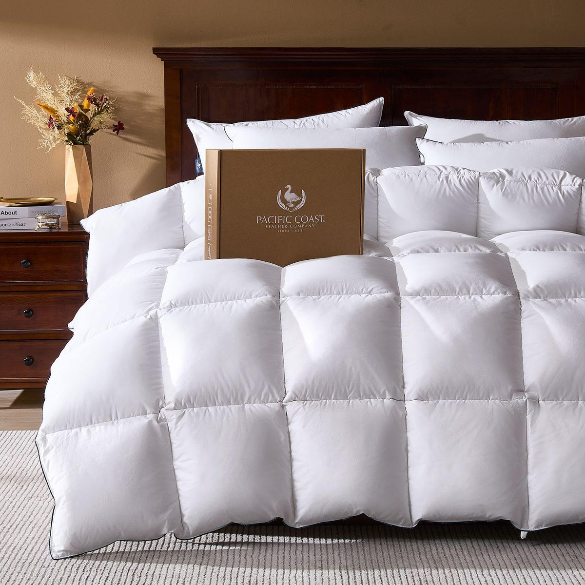 Pacific Coast goose feather down comforter king loft demonstrates cloud-like loft and all-season warmth.