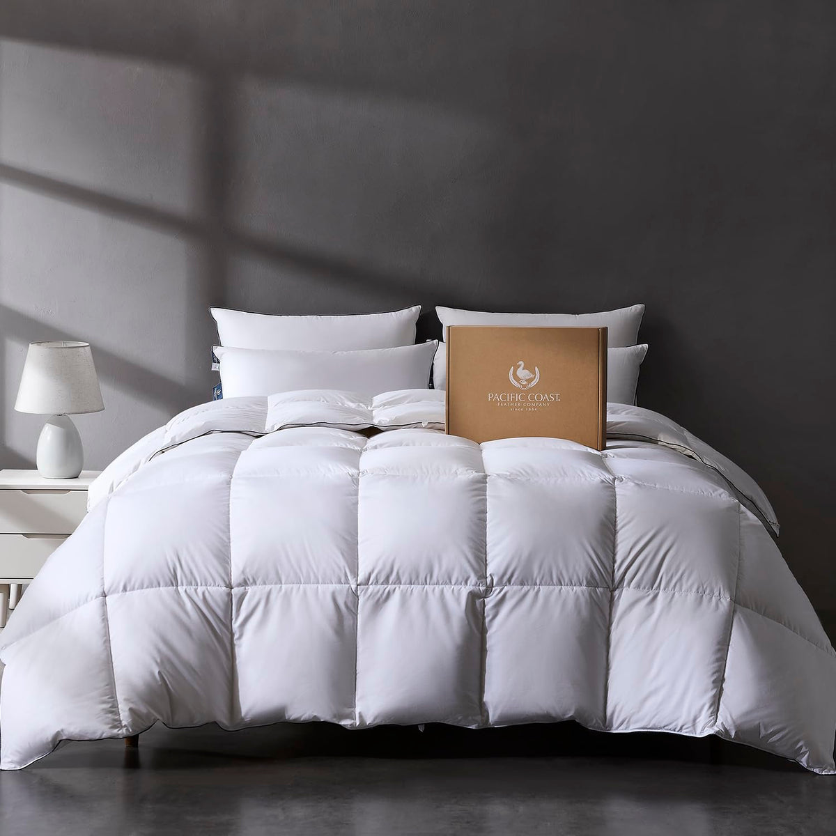 Pacific Coast luxury white goose-down comforter top view showing plush loft and all-season warmth.