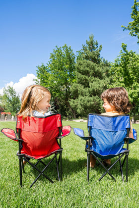 Pacific Play Tents Ruby Red Kids Folding Chair folded in bag, ready for travel