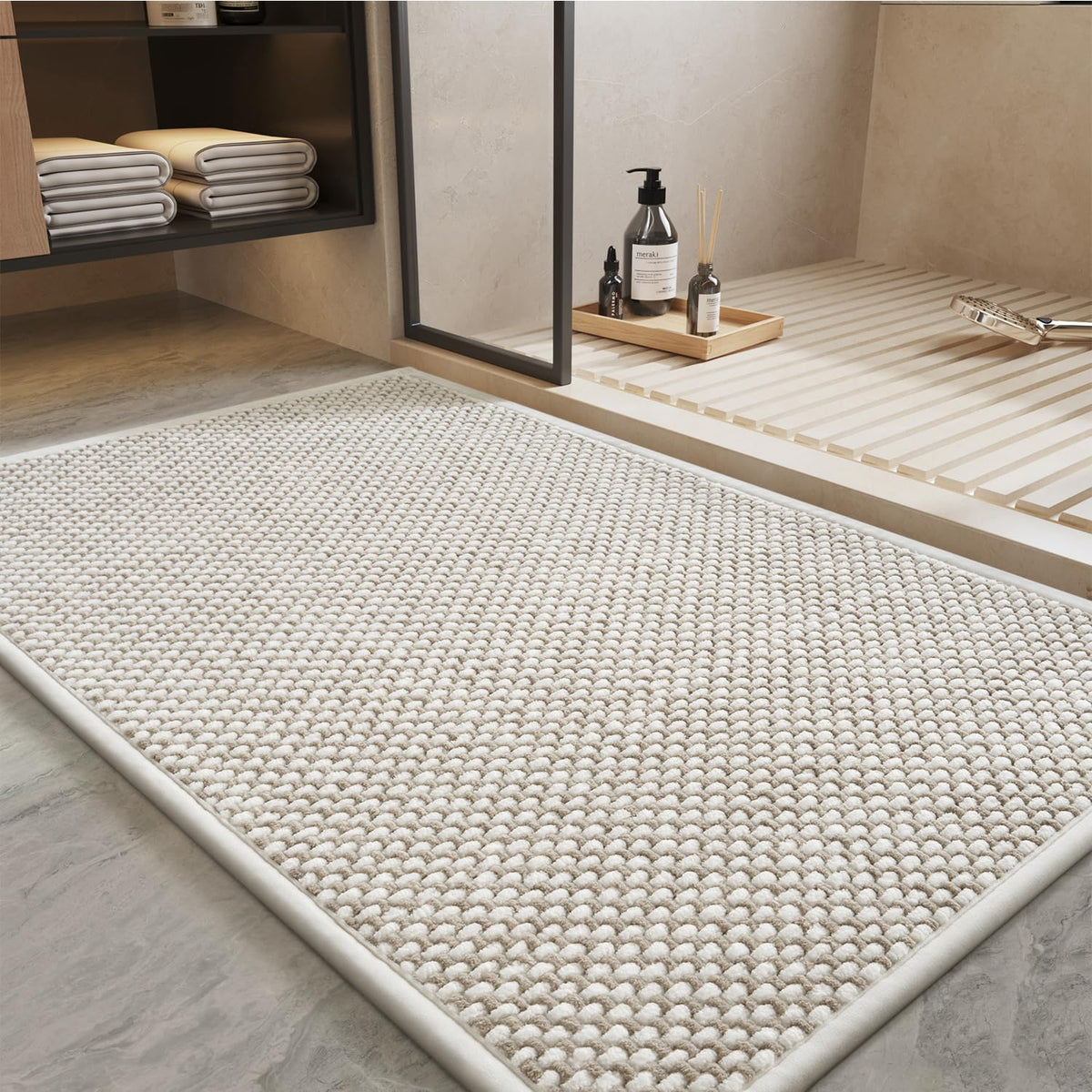 PADOOR bath mat with absorbent chenille dries feet quickly in front of tub