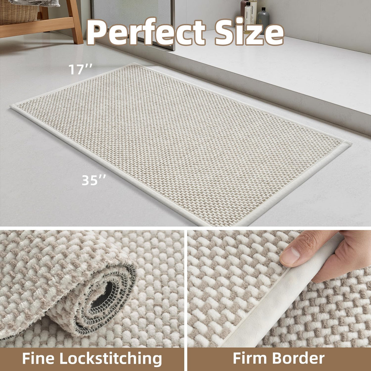 PADOOR rubber-backed mat provides reliable non-slip grip on smooth bathroom floors