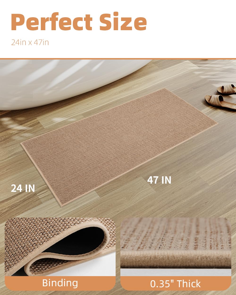 PADOOR beige 24x47 bath mat enhances bathroom style while staying functional.