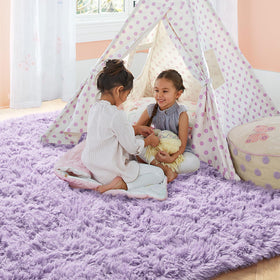 PAGISOFE living room shows a cozy purple shag rug for relaxing movie nights.