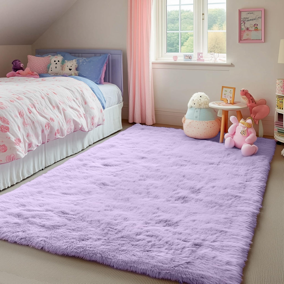 PAGISOFE purple shag rug adds vibrant color to teen rooms.