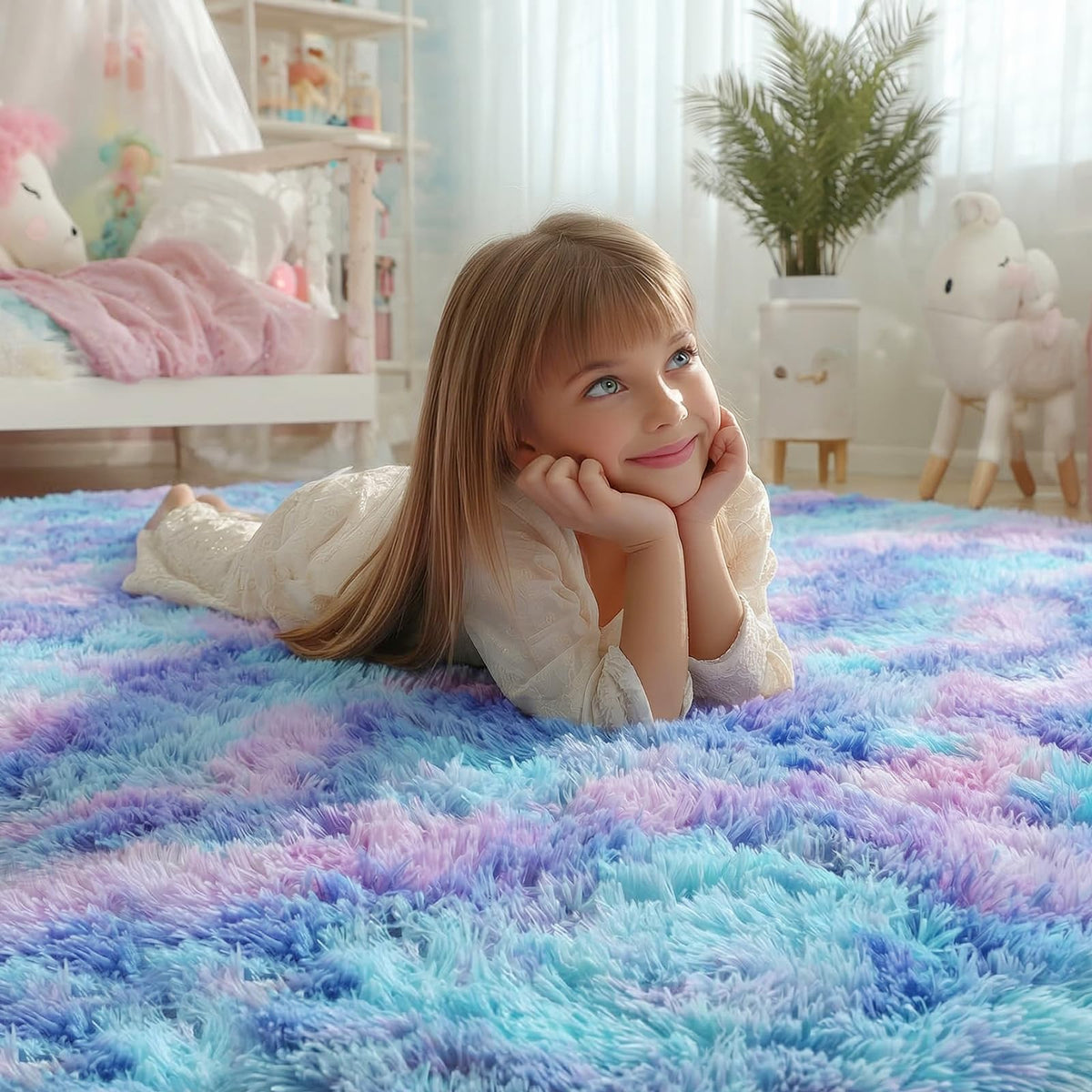 PAGISOFE fluffy circle rug in nursery provides a soft play surface.