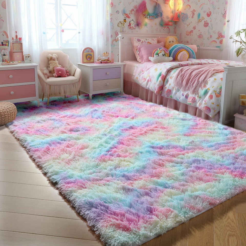 PAGISOFE fluffy rainbow rug adds cozy comfort to a child's bedroom.