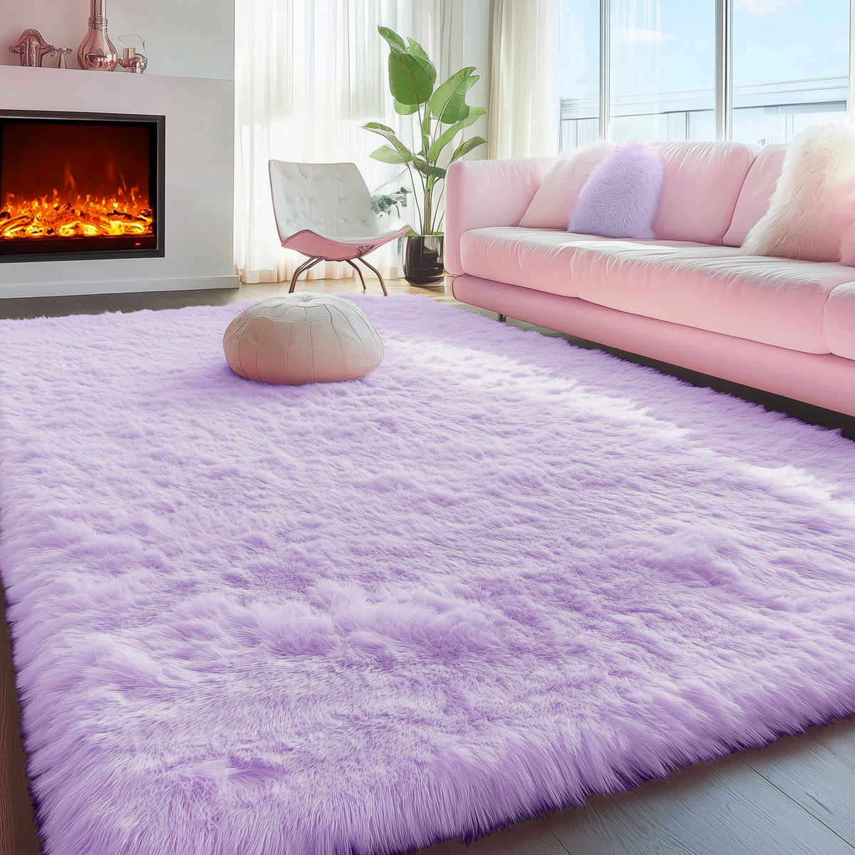 PAGISOFE fluffy purple rug in bedroom setup, soft surface for bare feet and relaxation.