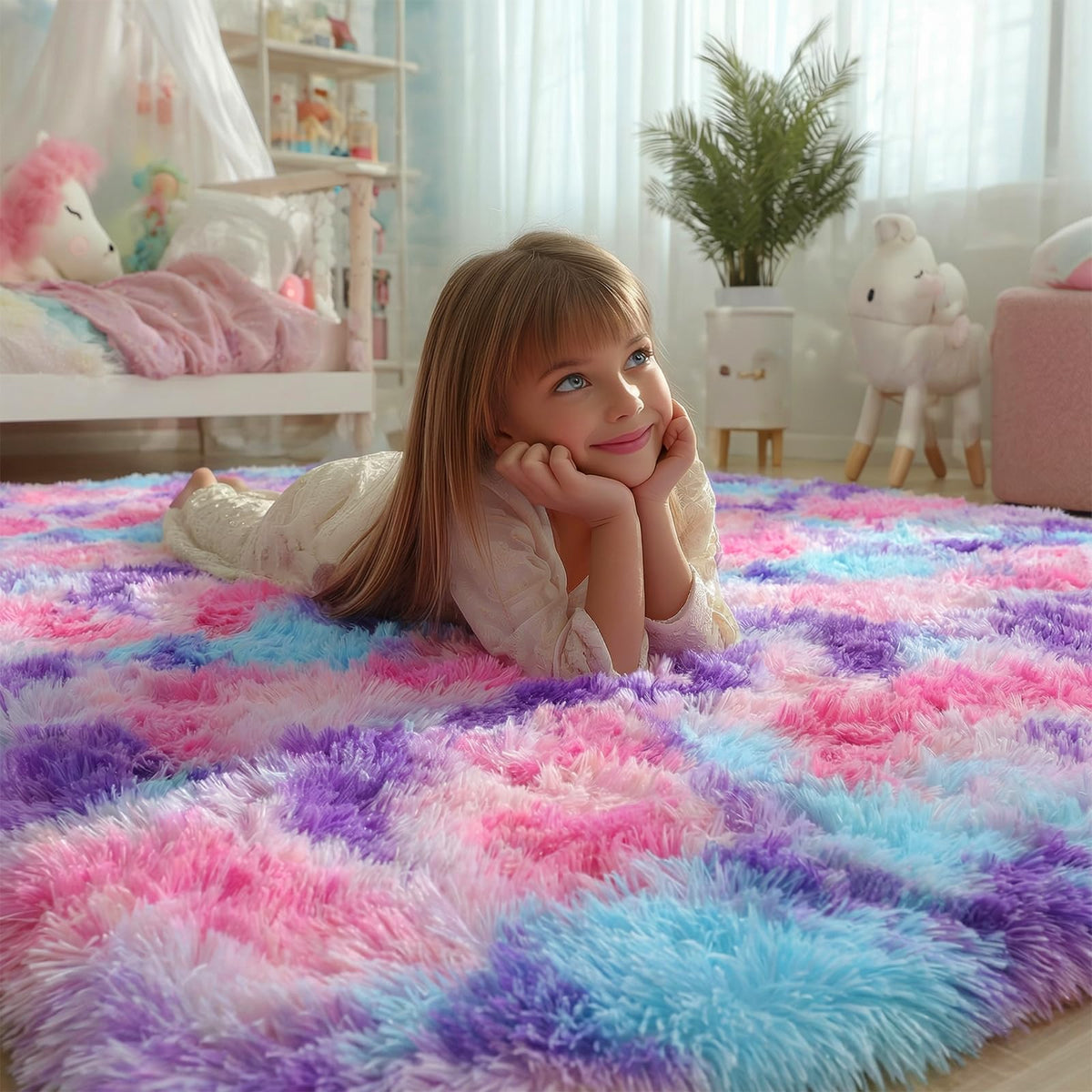 PAGISOFE rainbow rug purple – gentle texture supports cozy reading corners.