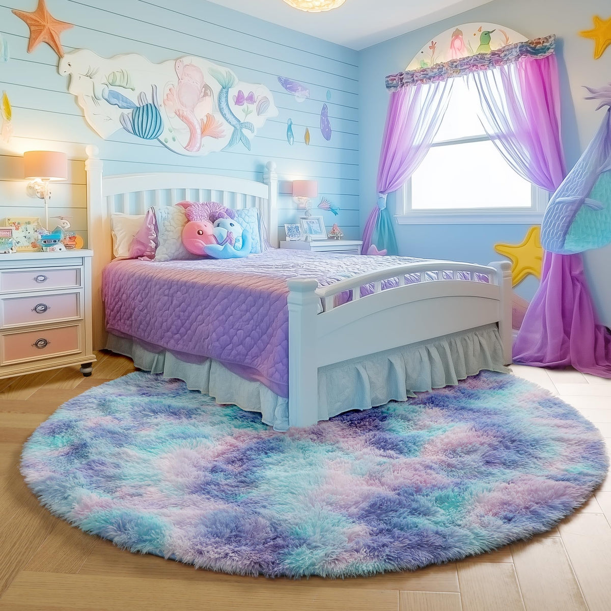 PAGISOFE purple rainbow rug in kids room adds playful color and warmth.