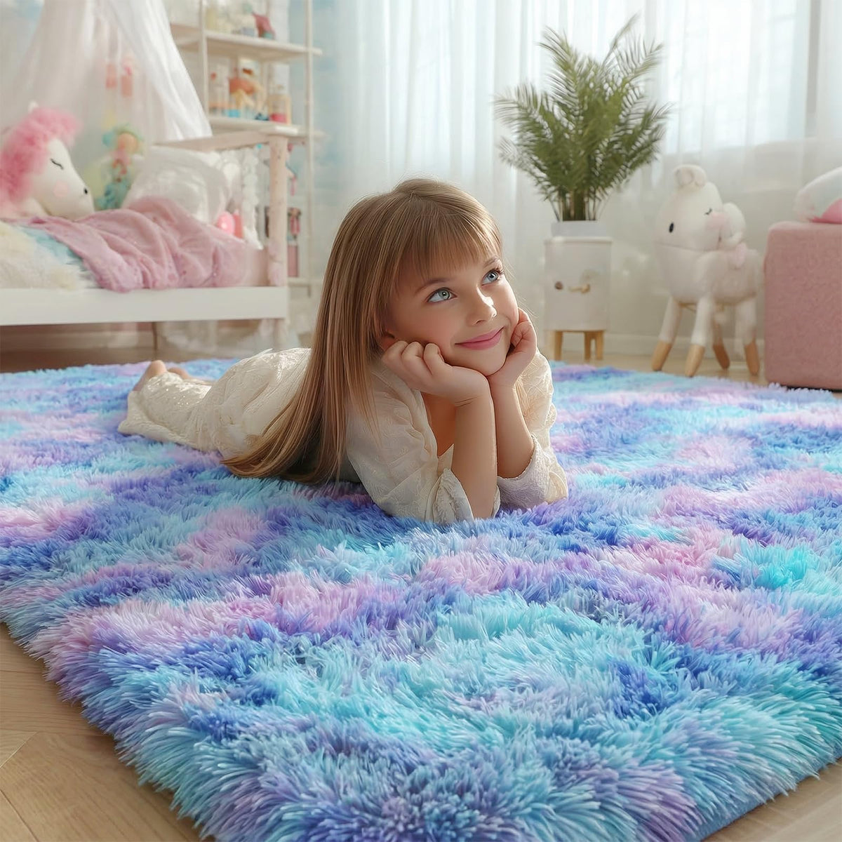 PAGISOFE unicorn rainbow rug adds cheerful playroom vibes and soft surface.