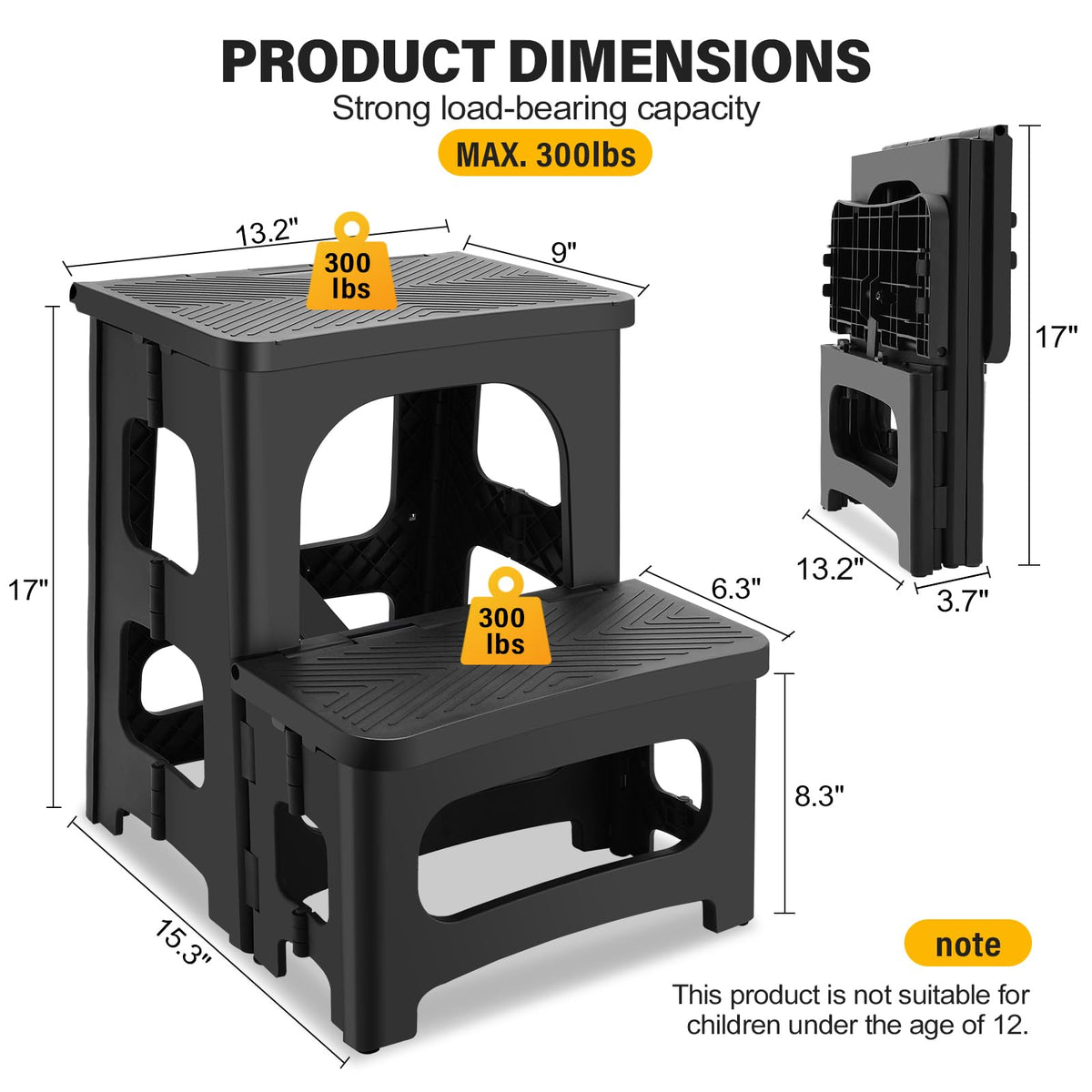 PAHTTO folding 2-step stool, open first step for reaching shelves.