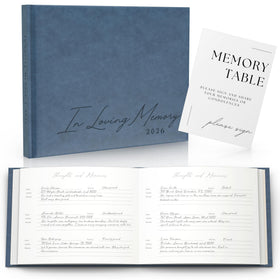 Paige McRae leather guest book with blue cover, a timeless memorial keepsake