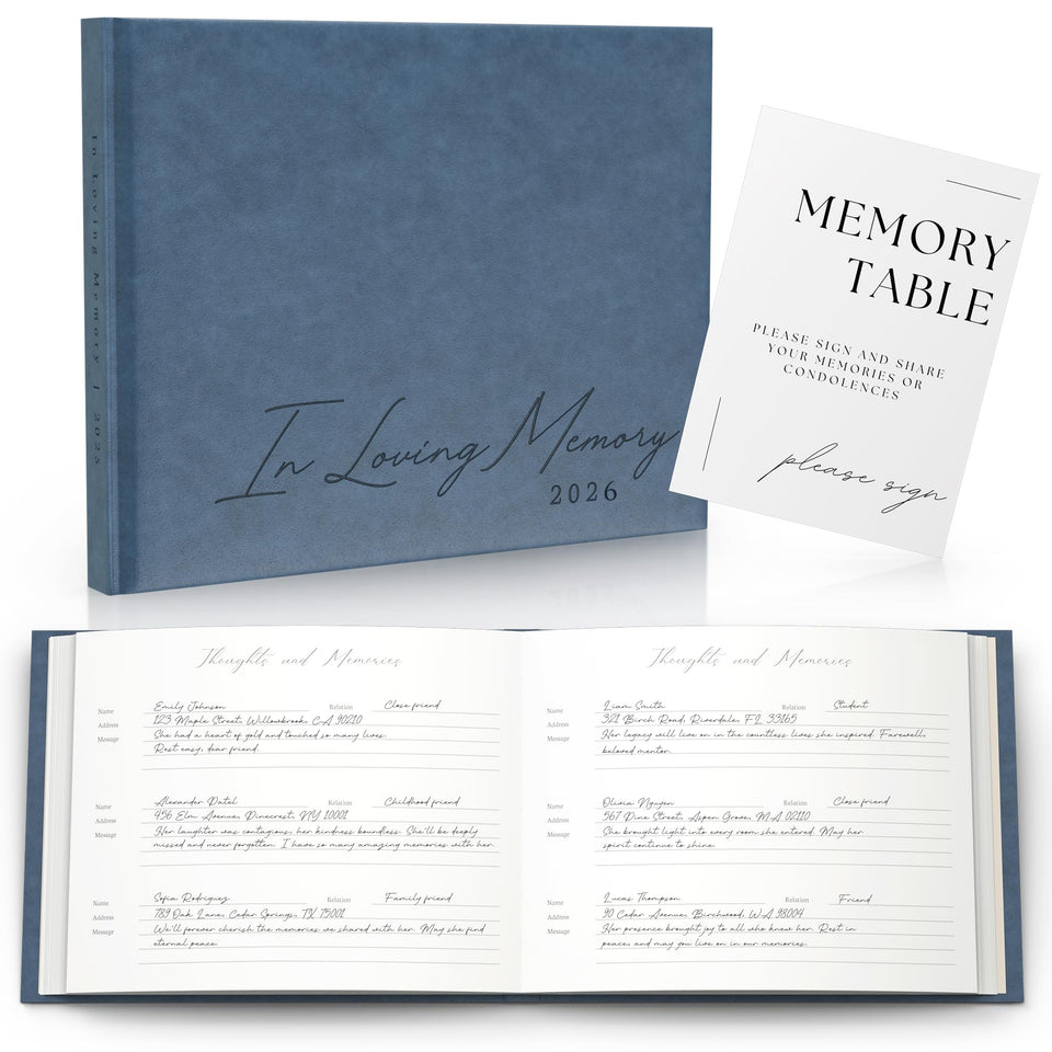 Paige McRae leather guest book with blue cover, a timeless memorial keepsake