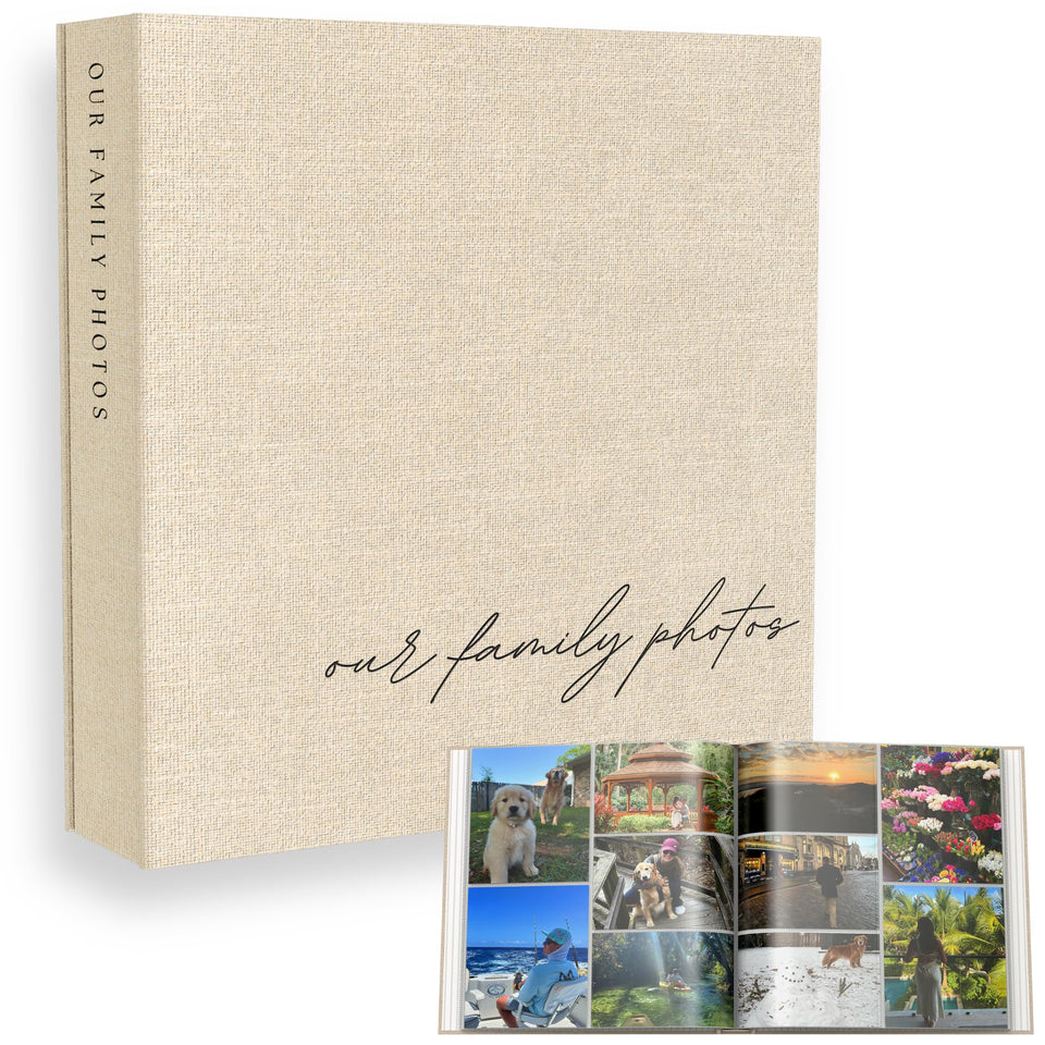 Paige McRae album with beige linen cover for elegant table display
