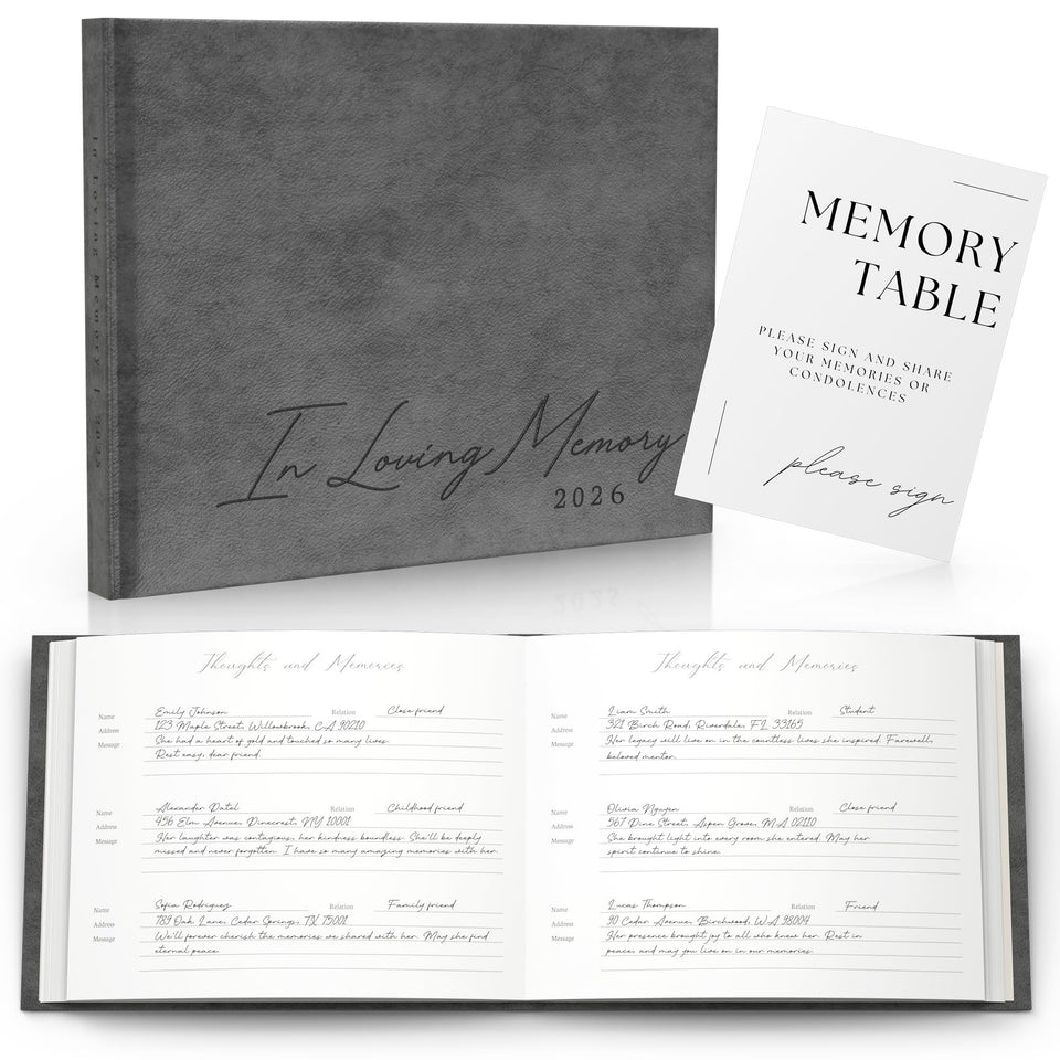 Paige McRae Funeral Guest Book with gray leather cover on display, an elegant memorial keepsake