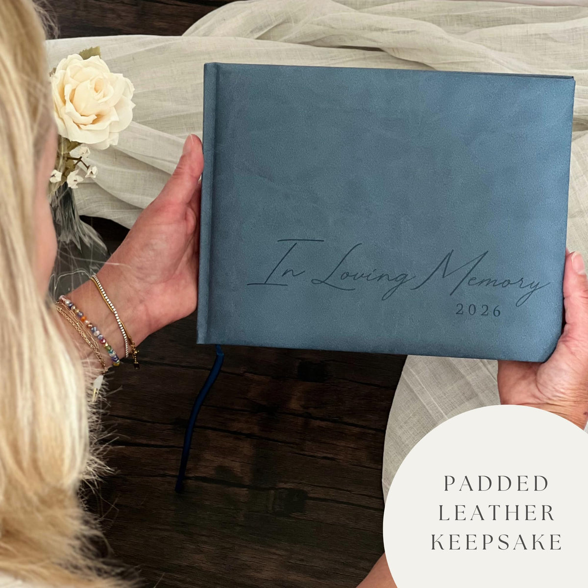 Envelope pocket in Paige McRae guest book stores condolence cards