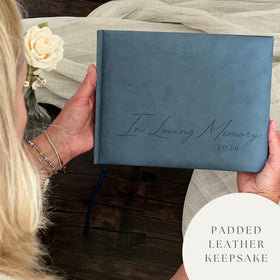 Envelope pocket in Paige McRae guest book stores condolence cards