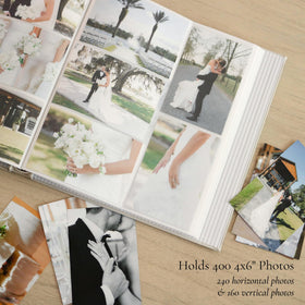 240 horizontal pockets securely hold wedding memories.