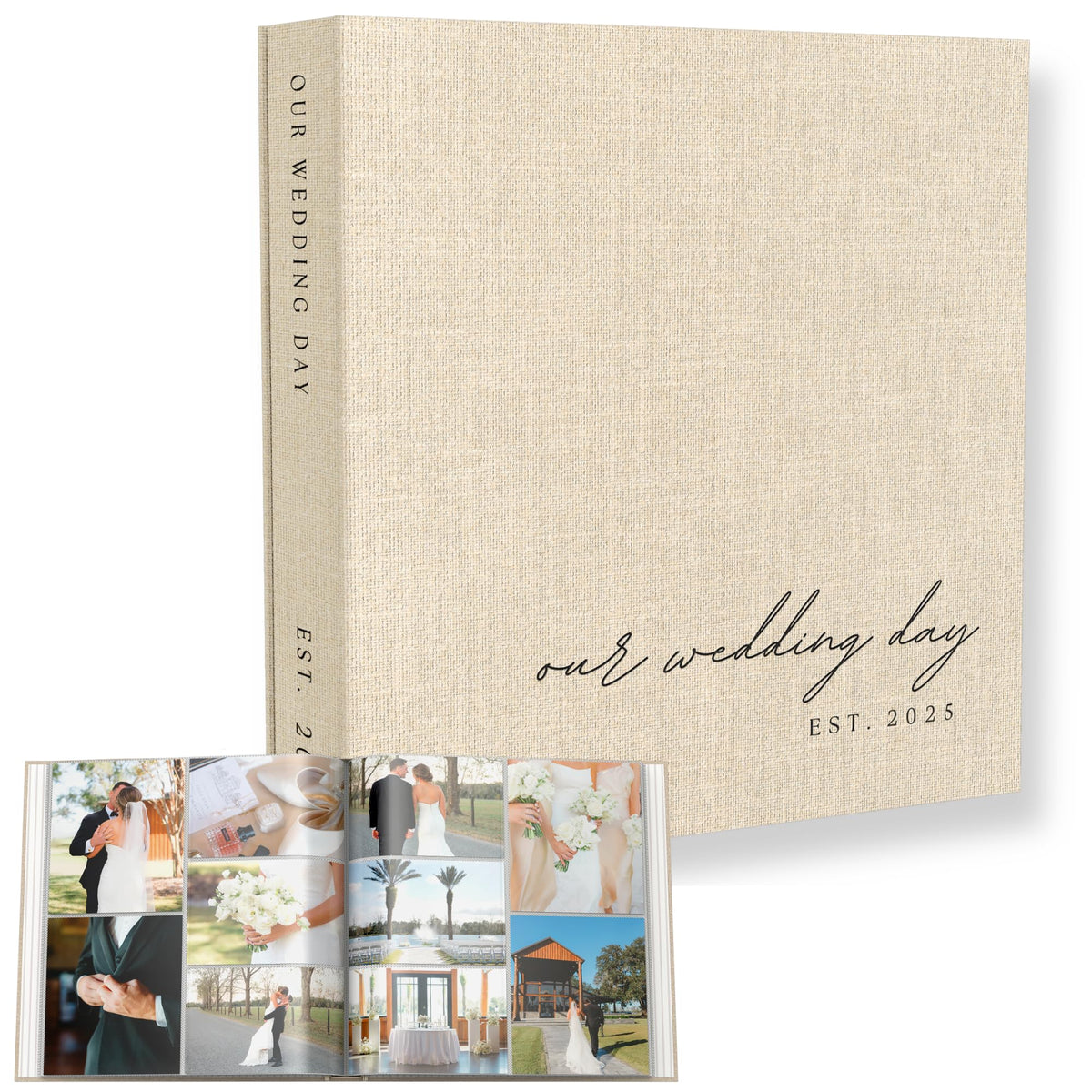 Paige McRae wedding album cover in beige linen, a stylish memory keeper.