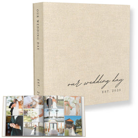 Paige McRae wedding album cover in beige linen, a stylish memory keeper.