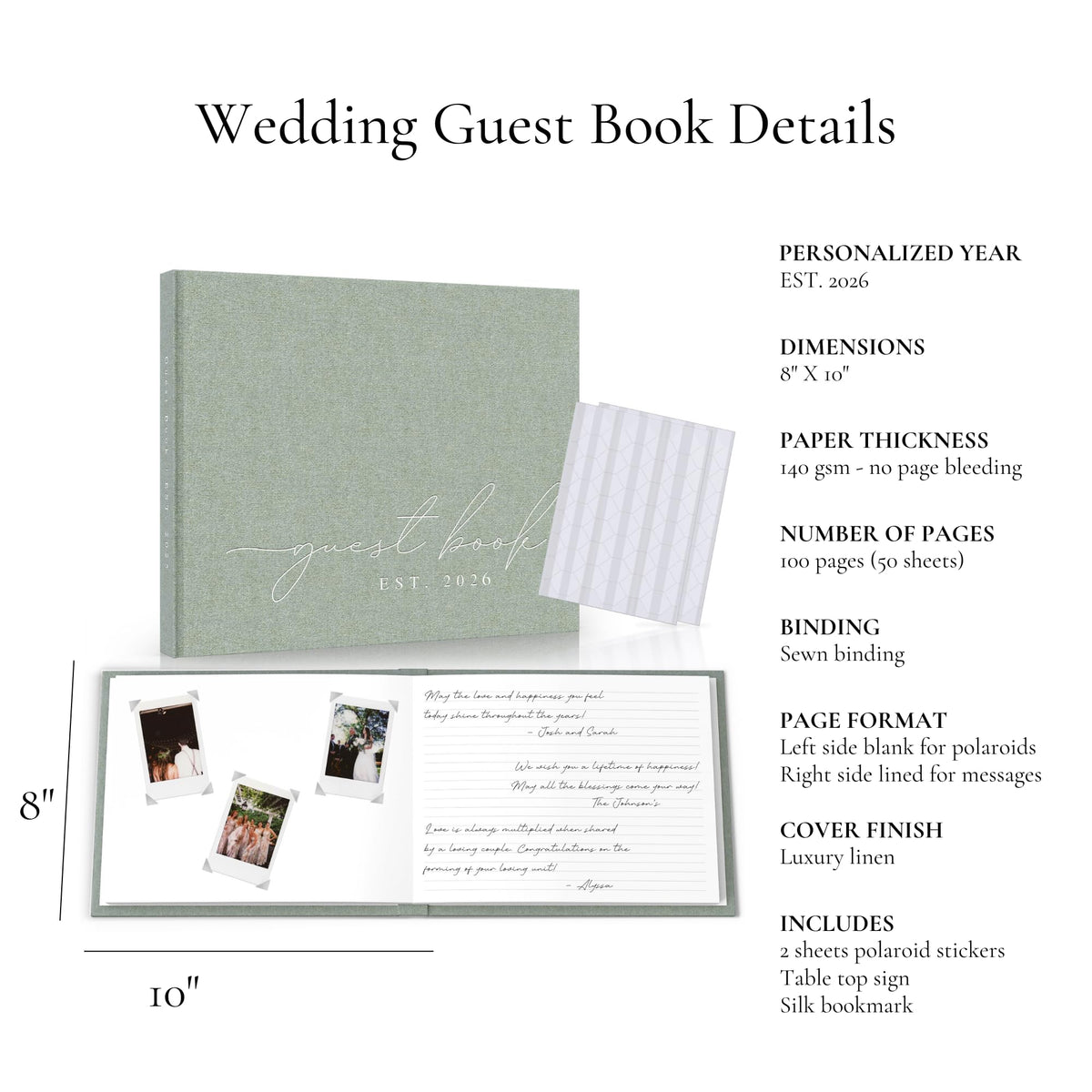 Paige McRae wedding guest book sewn binding ensures durable longevity and easy ownership.