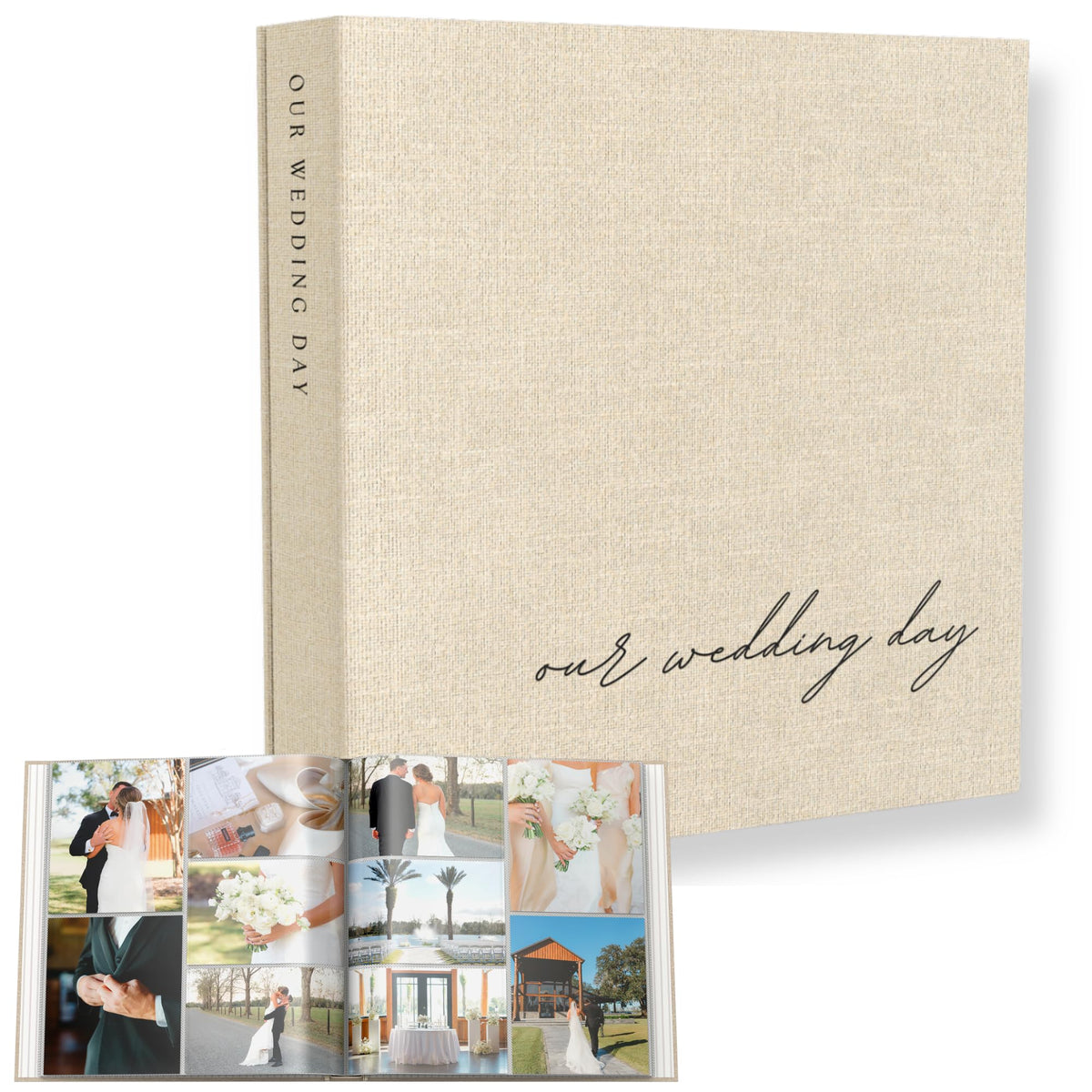 Paige McRae wedding photo album with beige linen cover for elegant display