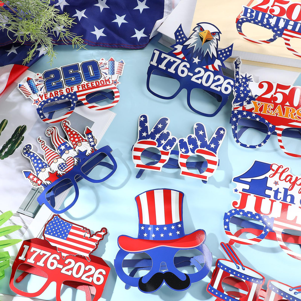 Pajean American-flag crest eyeglasses highlight national pride at gatherings and photo booths.