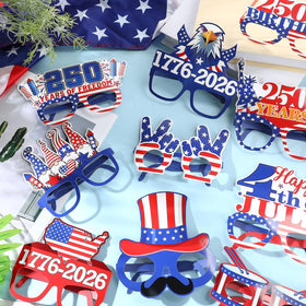Pajean American-flag crest eyeglasses highlight national pride at gatherings and photo booths.