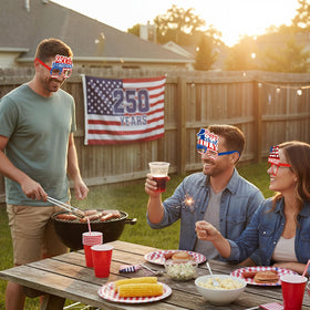 Pajean red-blue-white eyeglasses brighten celebrations with vivid colors and memories.