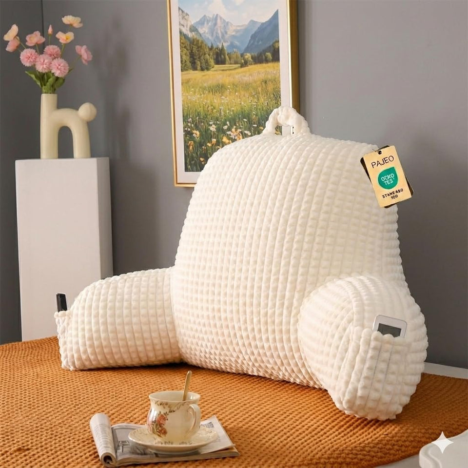 PAJEO Cozy Flannel Reading Pillow in bed setup showing ergonomic support and form.