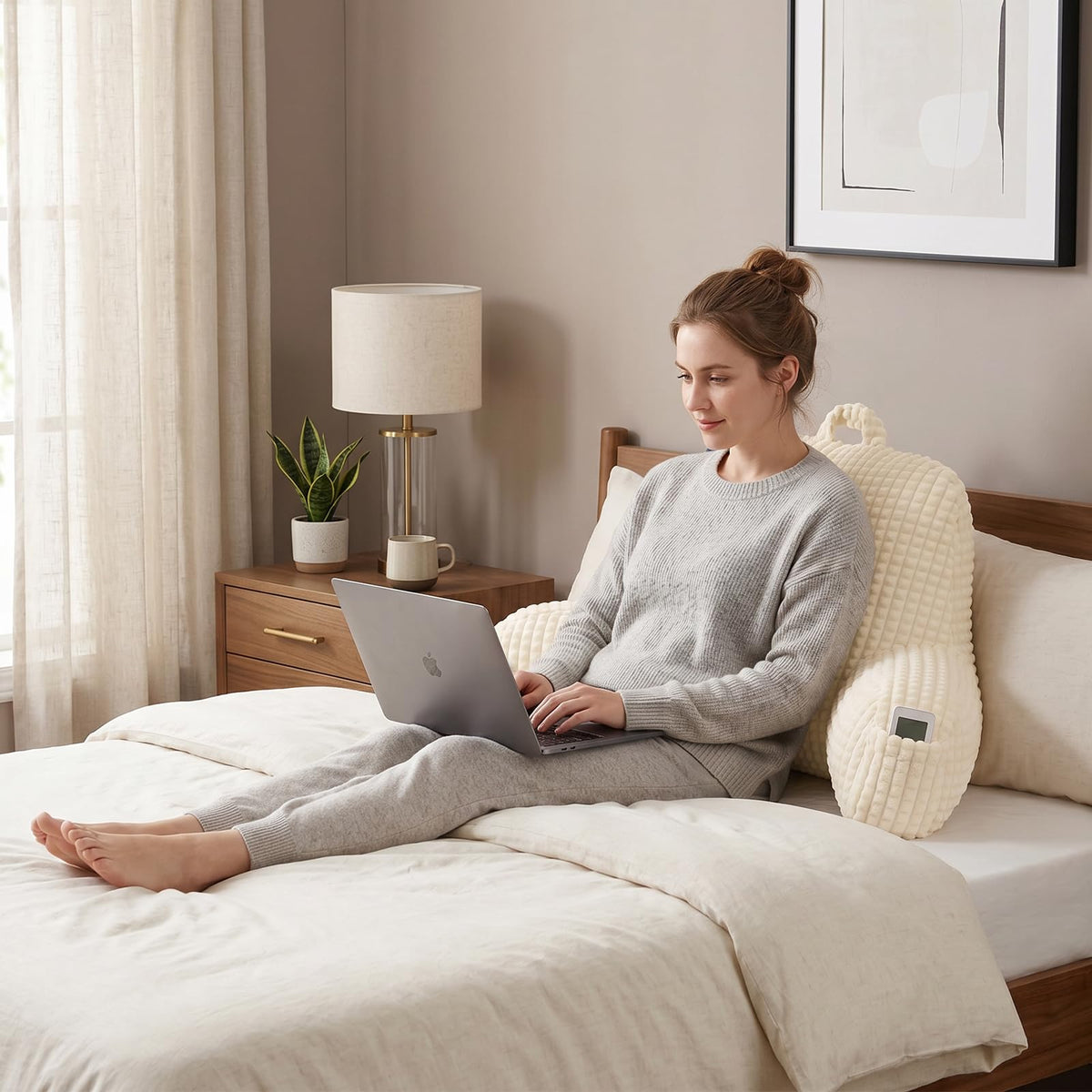 PAJEO Cozy Flannel Reading Pillow used on lap offering relaxed reading posture.