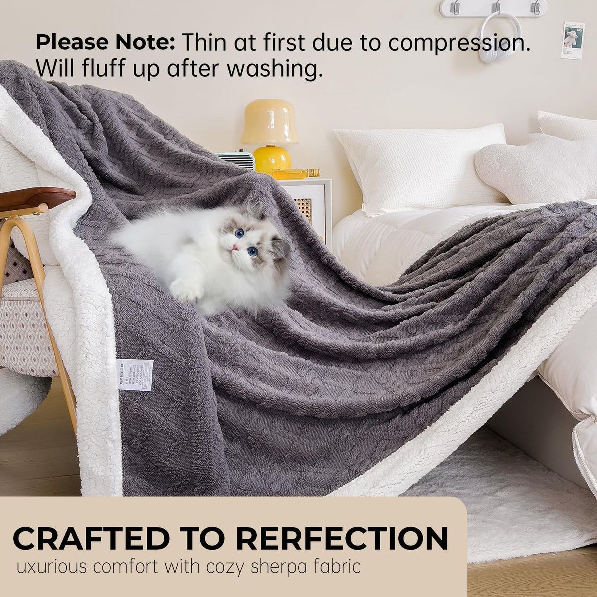 PAJEO Sherpa blanket 260gsm jacquard side adds elegant texture to décor.