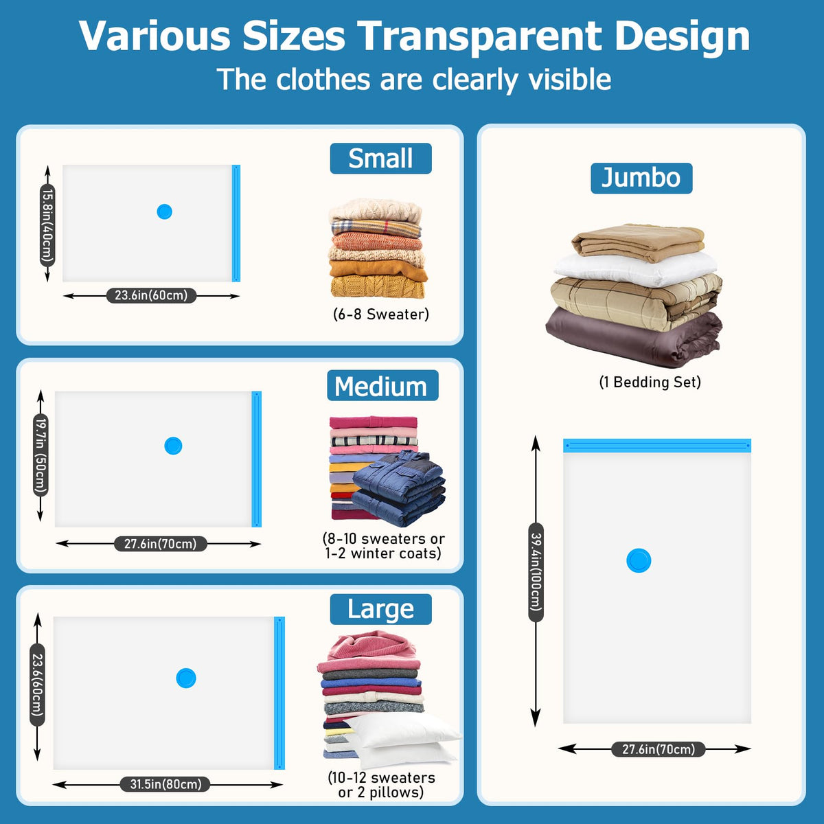 Pakimi four-size vacuum bag set arranged for packing versatility