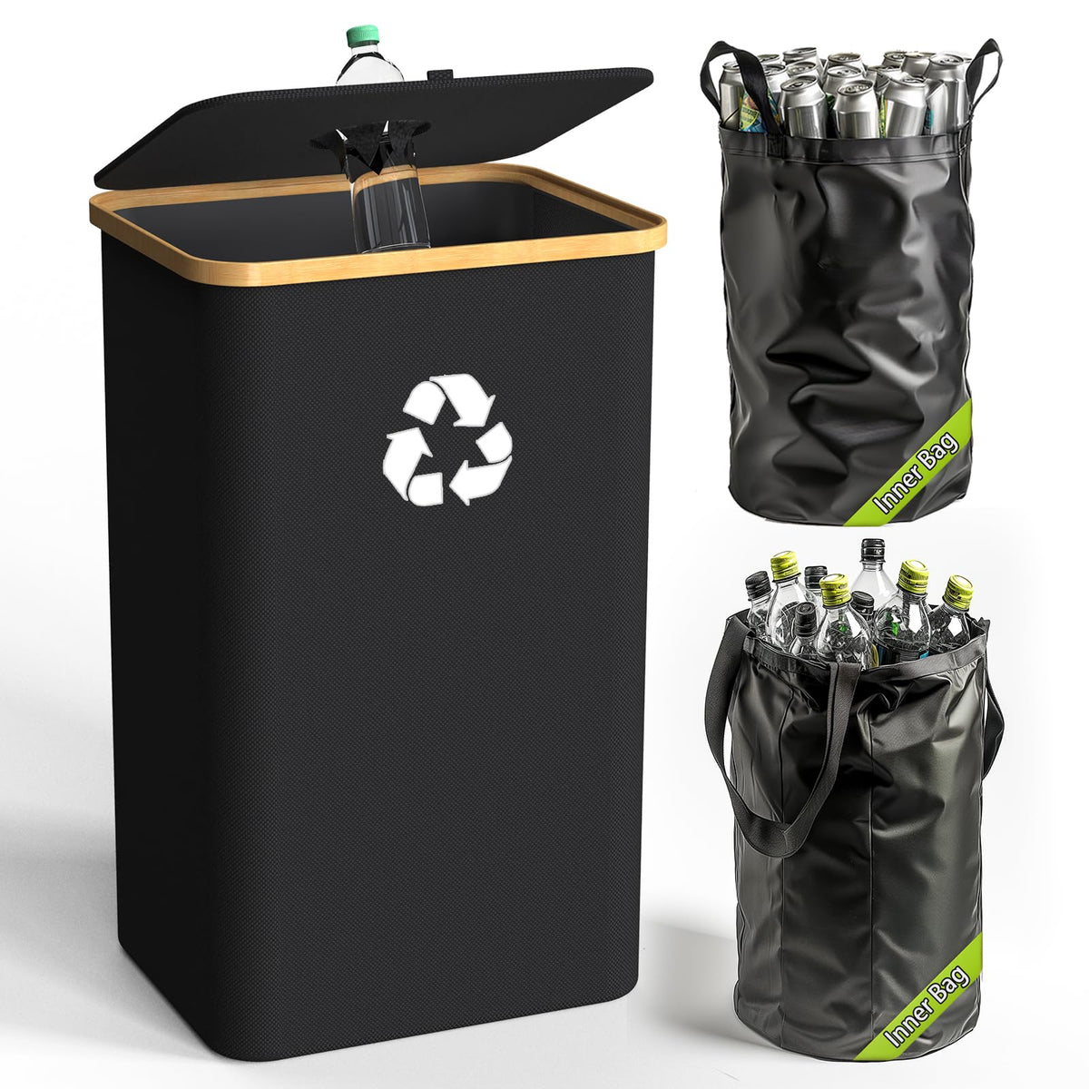 Pakusane recycling bin with lid, showing convenient hands-free use for bottle insertion.