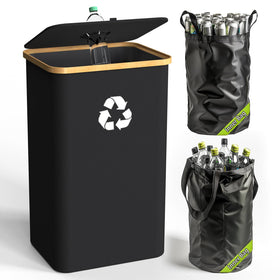 Pakusane recycling bin with lid, showing convenient hands-free use for bottle insertion.