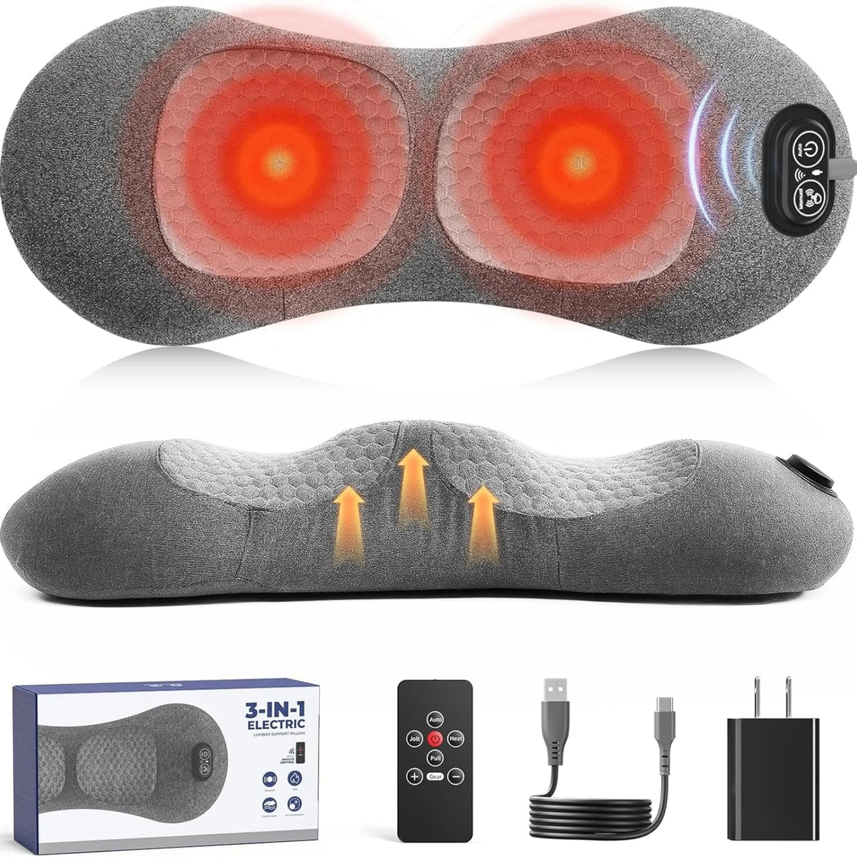 PakWizz 3-in-1 lumbar pillow with remote control for easy adjustments while working or traveling.