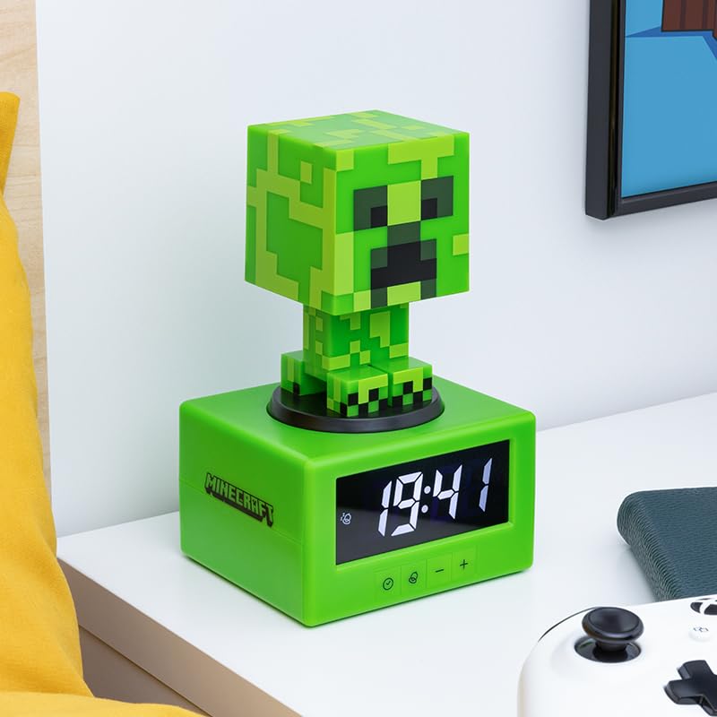 Paladone Creeper alarm clock at 6.3 inches on a shelf