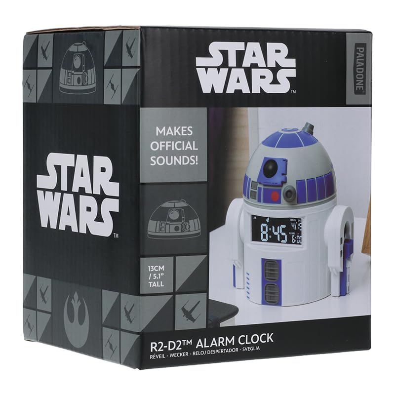 Paladone R2D2 alarm clock on bedside table, perfect decor for Star Wars fans.