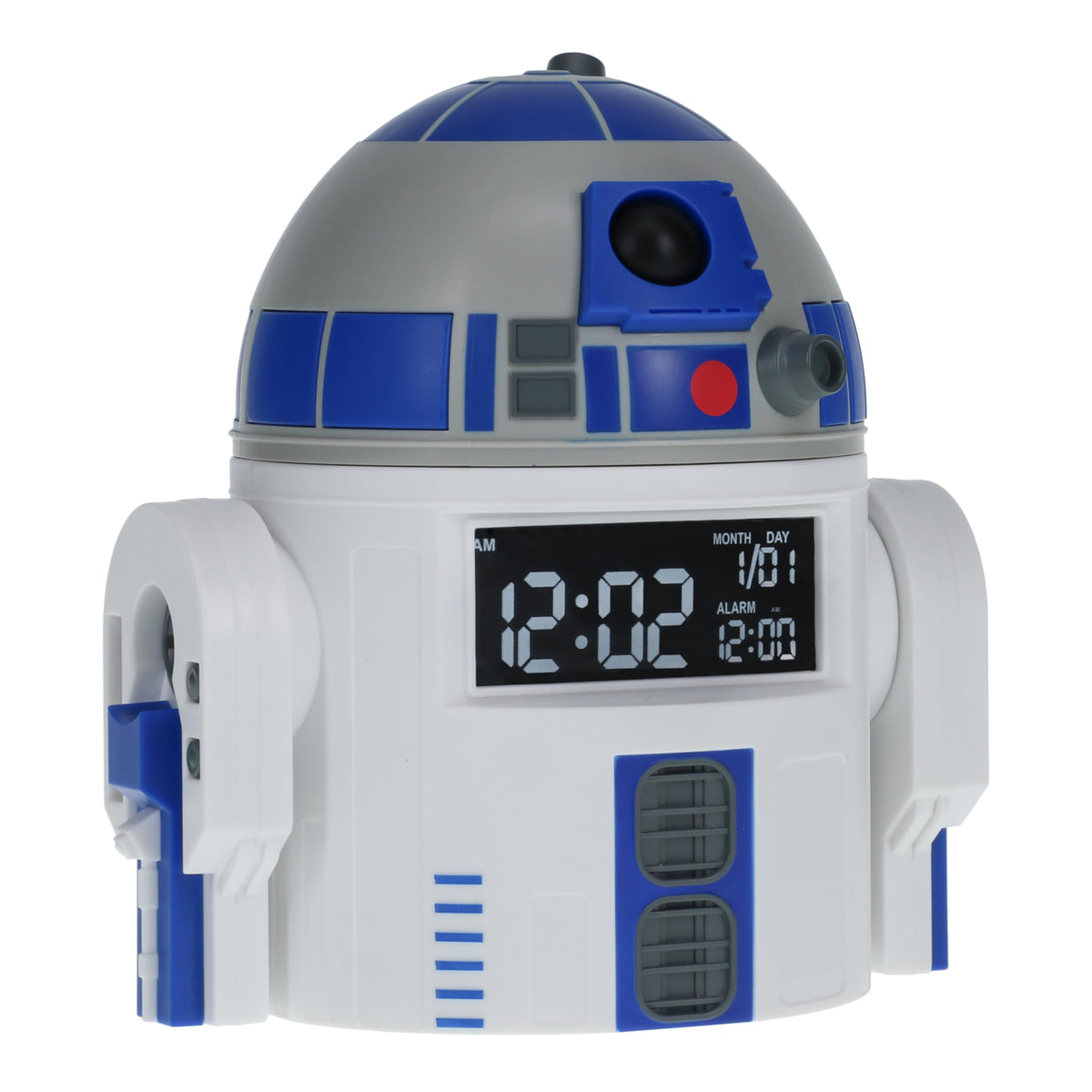 Paladone R2D2 alarm clock close-up, detailed sculpted droid design.