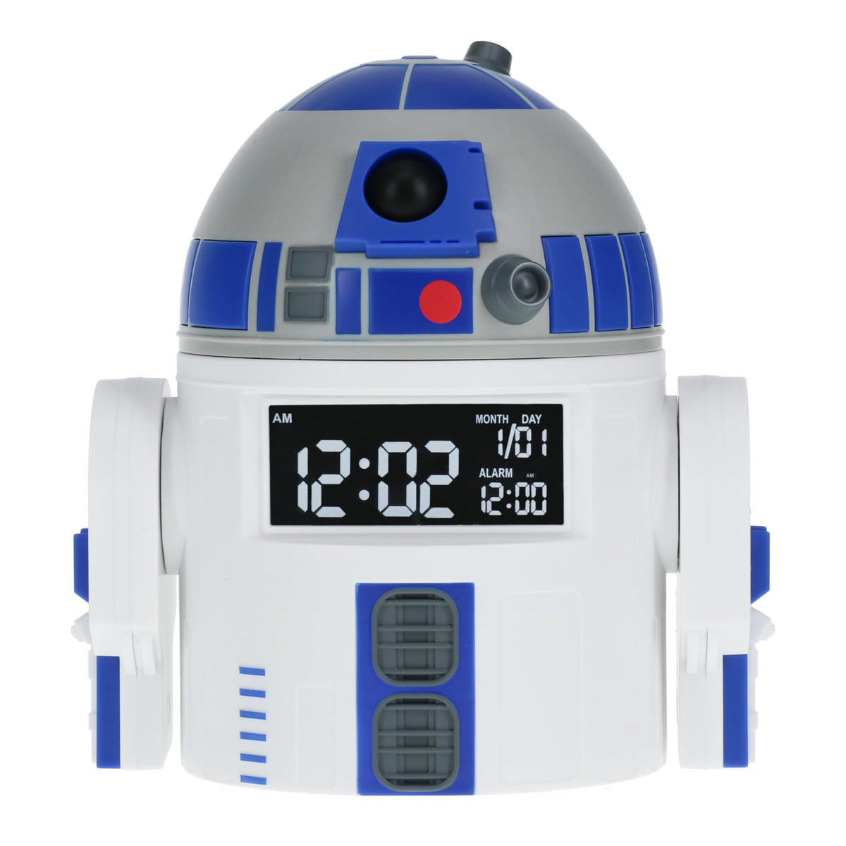 Paladone R2D2 alarm clock front view, compact bedside companion with clear digital time display.